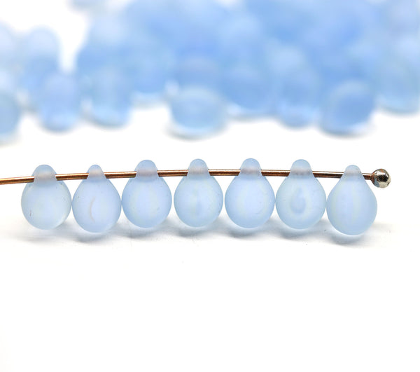 5x7mm Frosted light blue glass drops, czech teardrop beads, 50pc