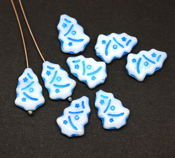 White blue Christmas tree beads Czech glass 8pc