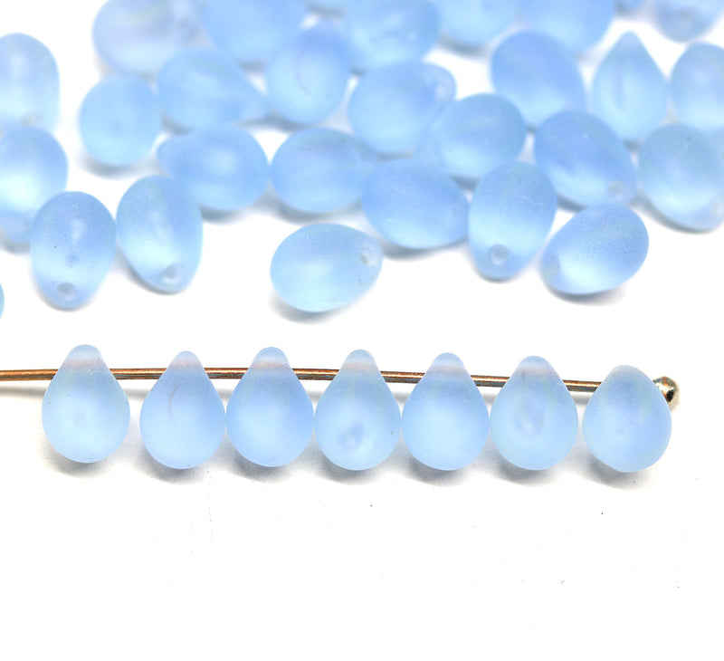 5x7mm Frosted light blue glass drops, czech teardrop beads, 50pc