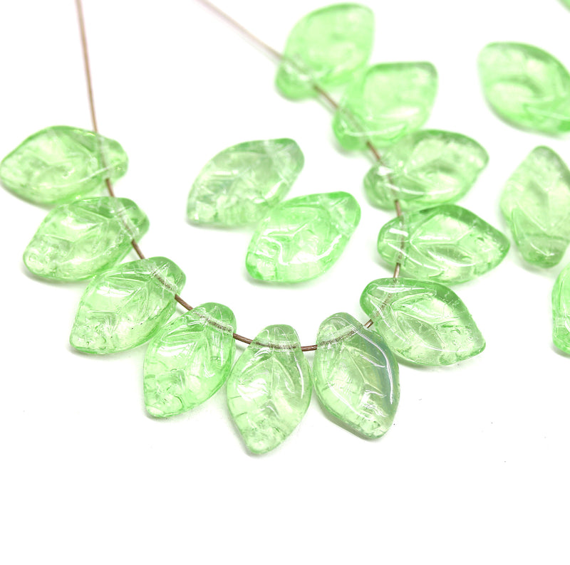 12x7mm Light green leaf beads crackle finish Czech glass, 30Pc