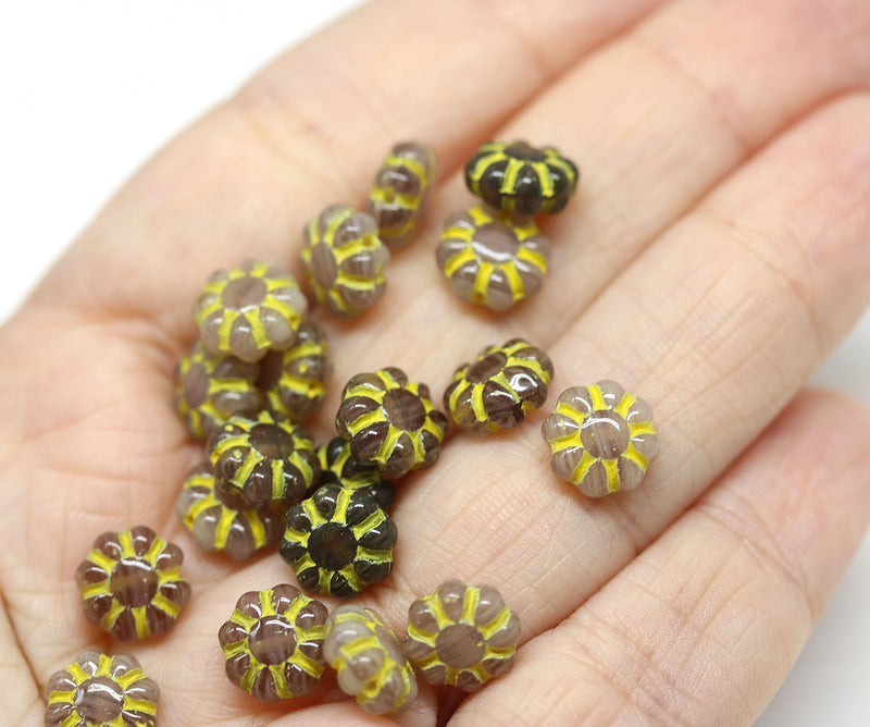 9mm Beige brown Czech glass daisy flower beads yellow inlays 20pc