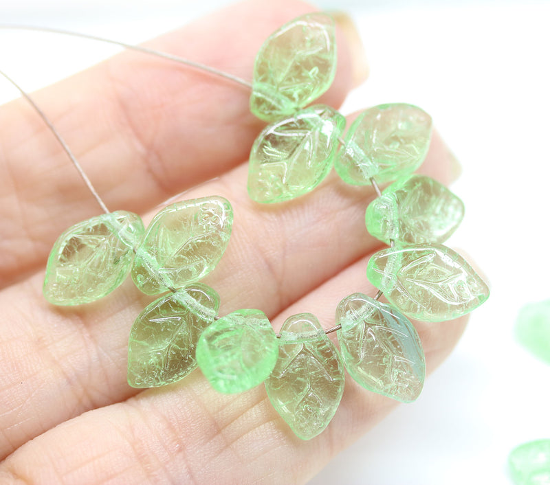 12x7mm Light green leaf beads crackle finish Czech glass, 30Pc