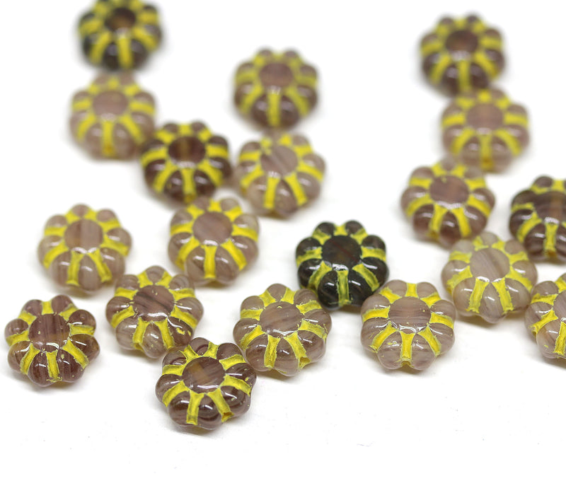 9mm Beige brown Czech glass daisy flower beads yellow inlays 20pc