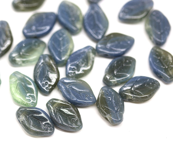 12x7mm Mixed blue gray leaf beads Czech glass, 30Pc