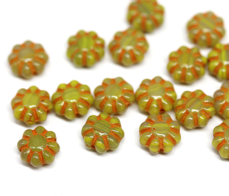 9mm Yellow orange Czech glass daisy flower beads 20pc