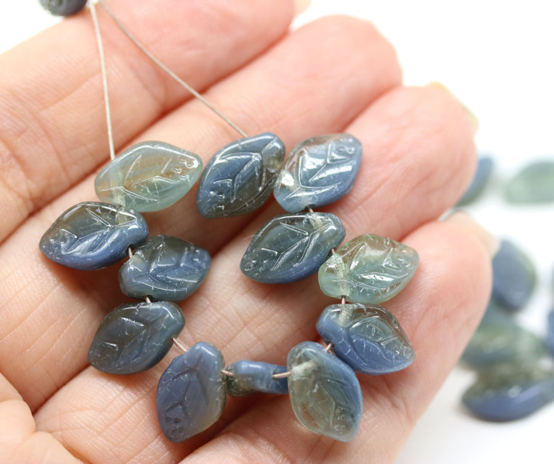 12x7mm Mixed blue gray leaf beads Czech glass, 30Pc