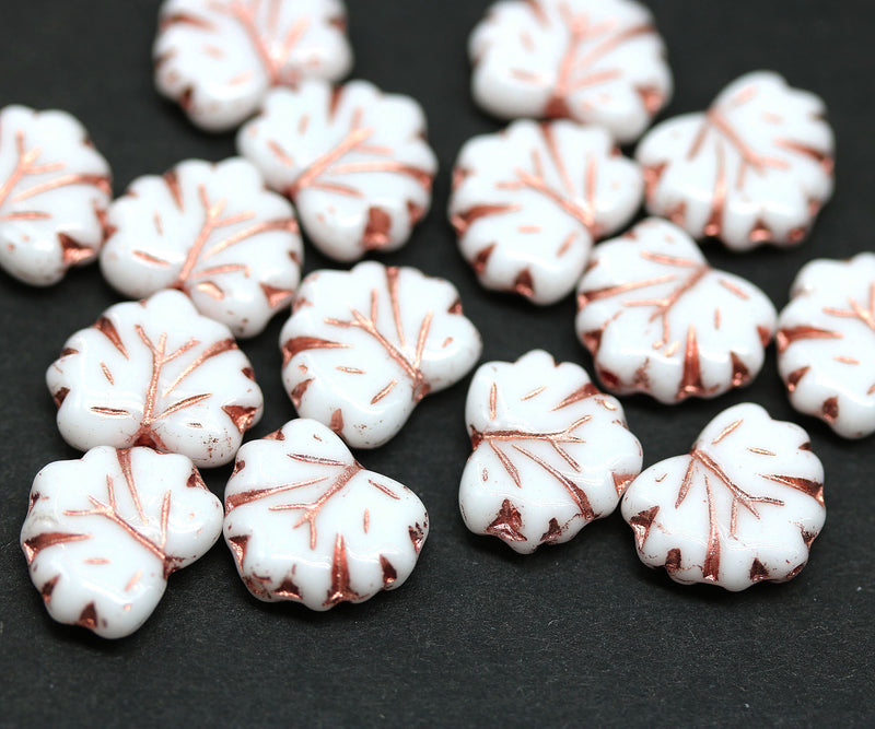 11x13mm White opaque maple leaf beads, copper wash, Czech glass, 15pc