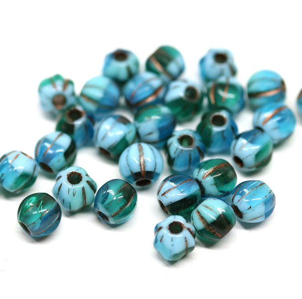 1.5mm hole Blue green copper stripes 6mm melon shape beads - 30pc