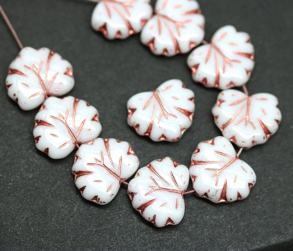 11x13mm White opaque maple leaf beads, copper wash, Czech glass, 15pc