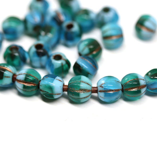 1.5mm hole Blue green copper stripes 6mm melon shape beads - 30pc