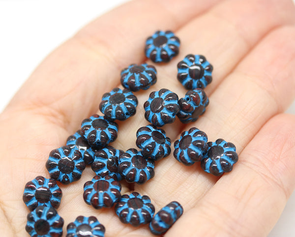 9mm Dark brown Czech glass daisy flower beads blue inlays 20pc