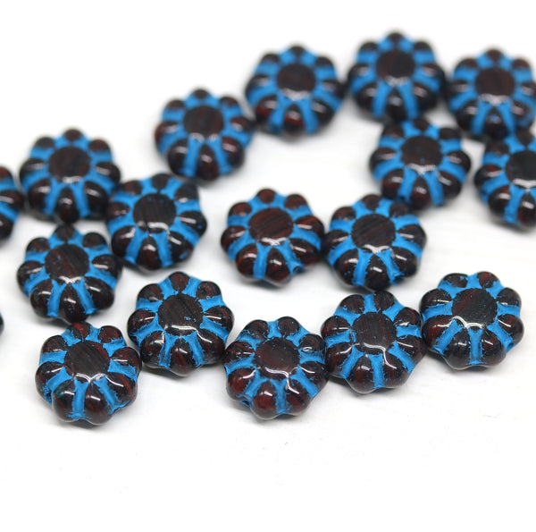 9mm Dark brown Czech glass daisy flower beads blue inlays 20pc