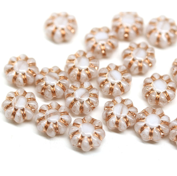 9mm Opal white Czech glass daisy flower beads copper inlays, 20pc