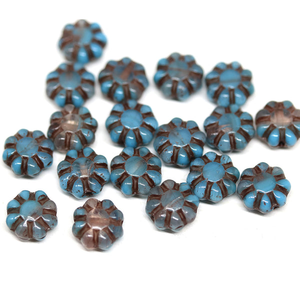 9mm Blue brown Czech glass daisy flower beads 20pc