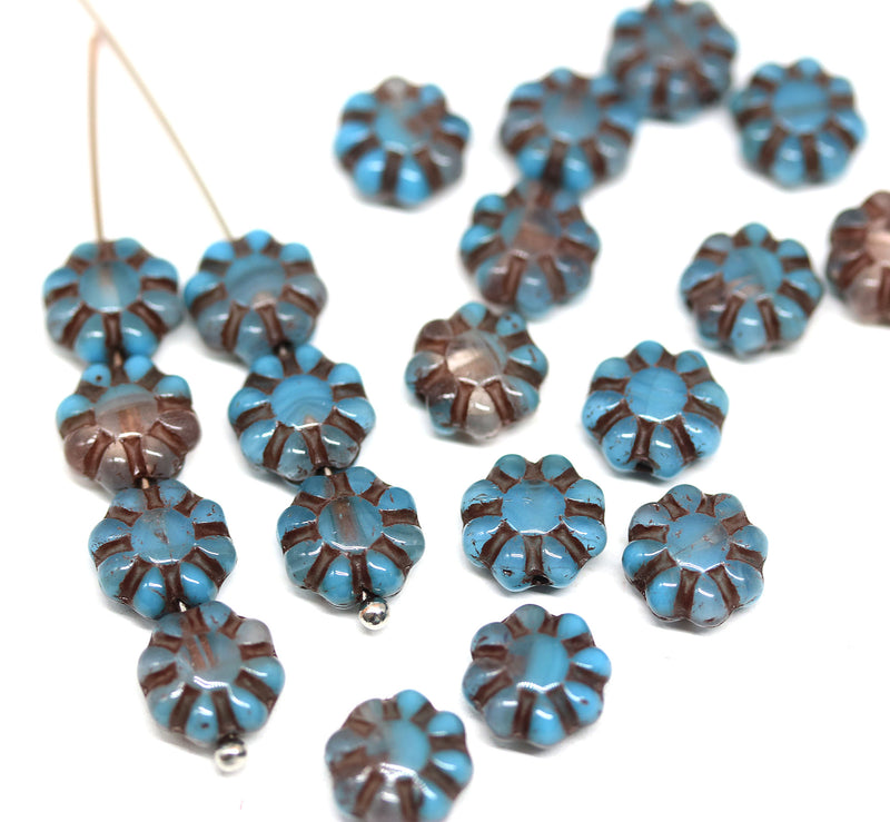 9mm Blue brown Czech glass daisy flower beads 20pc