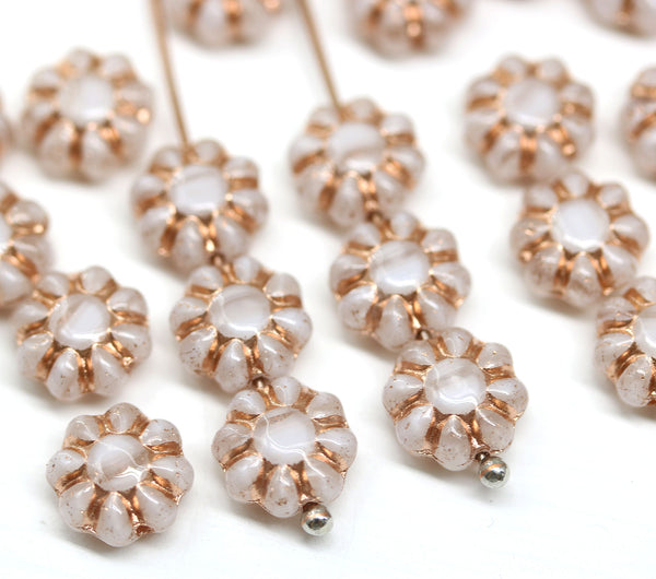 9mm Opal white Czech glass daisy flower beads copper inlays, 20pc