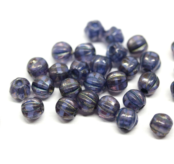 1.5mm hole Dark blue luster 6mm melon shape beads - 30pc