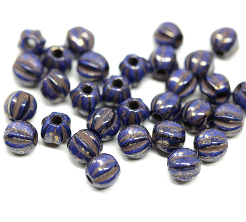 1.5mm hole Dark blue picasso 6mm melon shape beads - 30pc