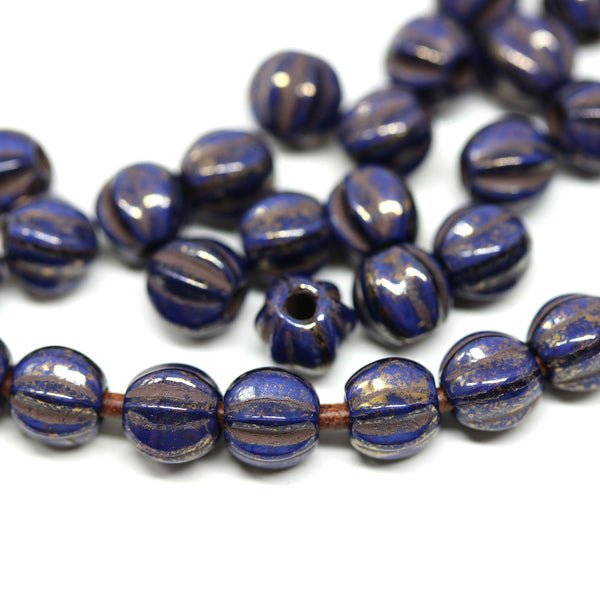 1.5mm hole Dark blue picasso 6mm melon shape beads - 30pc