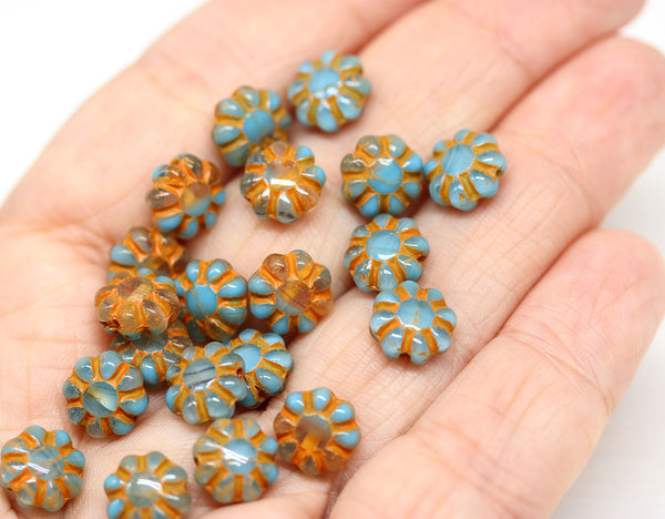 9mm blue orange Czech glass daisy flower beads, 20pc
