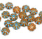 9mm blue orange Czech glass daisy flower beads, 20pc