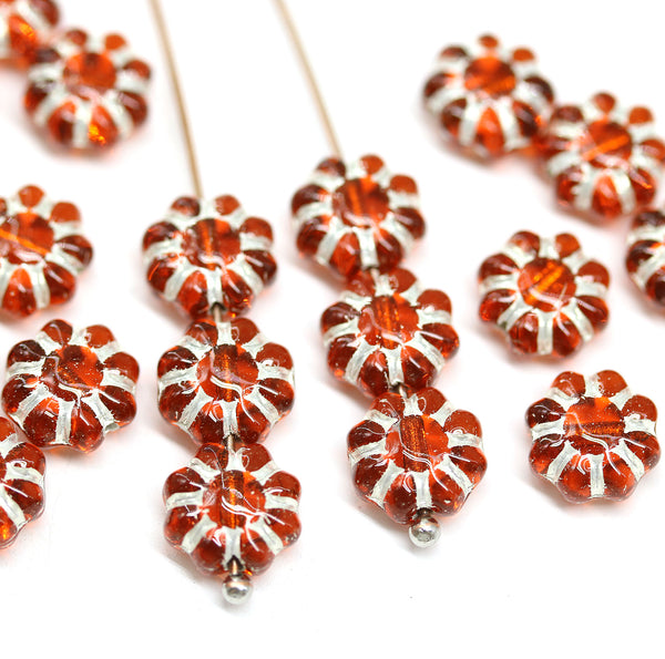 9mm Dark orange Czech glass daisy flower beads silver inlays, 20pc