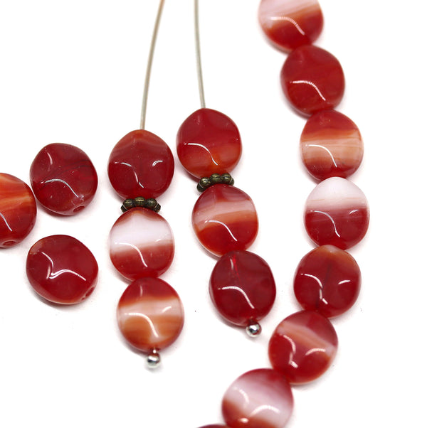 9x8mm Red white flat oval wavy czech glass beads, 20Pc
