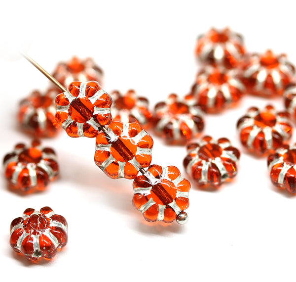 9mm Dark orange Czech glass daisy flower beads silver inlays, 20pc