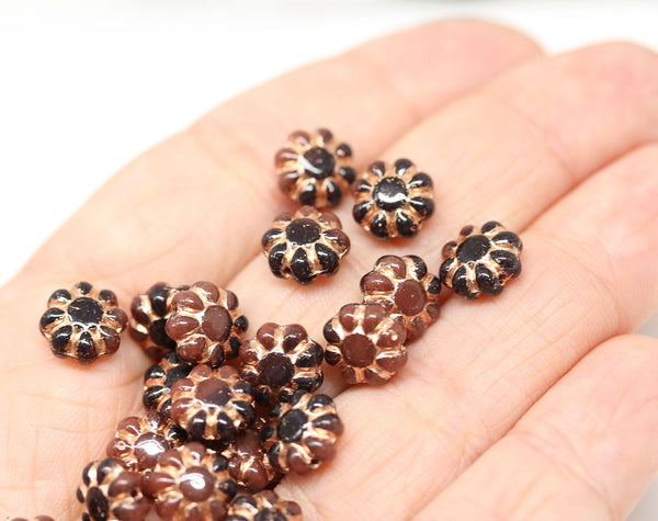 9mm Brown Czech glass daisy flower beads, copper inlays 20pc