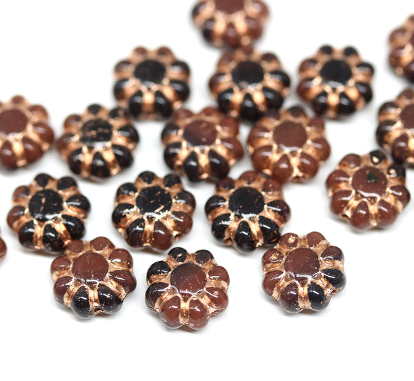 9mm Brown Czech glass daisy flower beads, copper inlays 20pc
