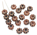 9mm Brown Czech glass daisy flower beads, copper inlays 20pc