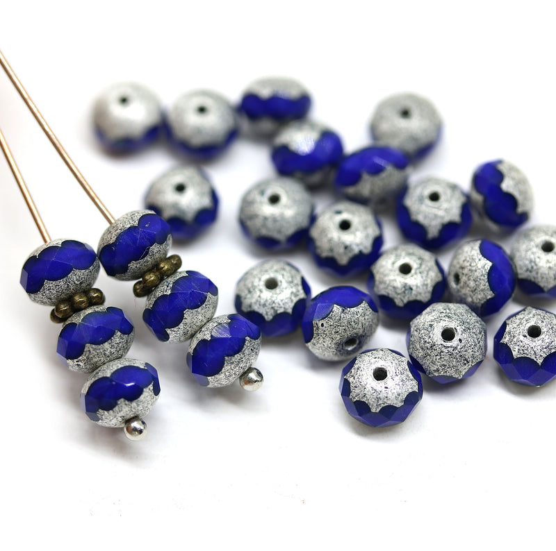 5x7mm Cobalt blue czech glass rondelle beads matte silver finish - 25pc