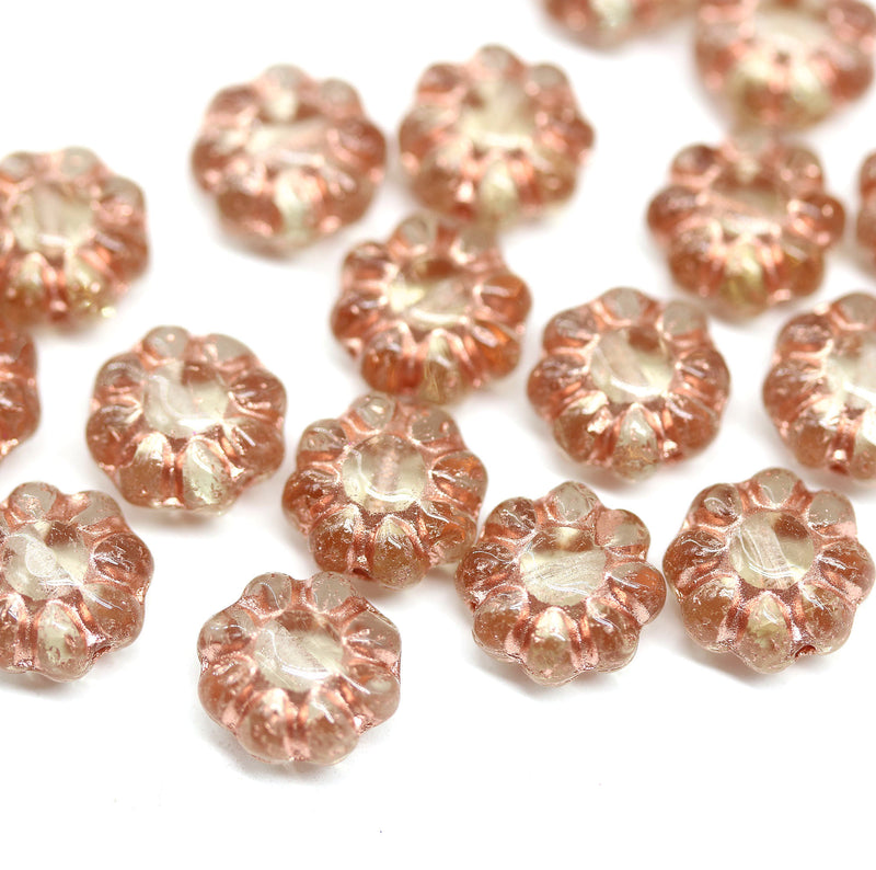 9mm Pale brown Czech glass daisy flower beads copper inlays, 20pc