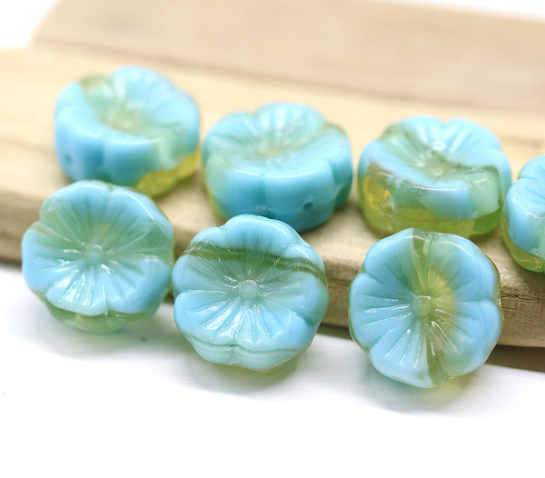 14mm Mixed blue yellow pansy flower, Czech glass flat daisy, 8Pc