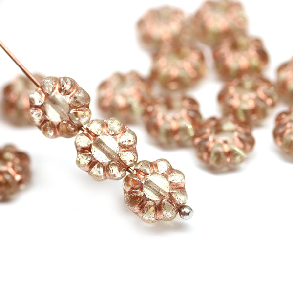 9mm Pale brown Czech glass daisy flower beads copper inlays, 20pc