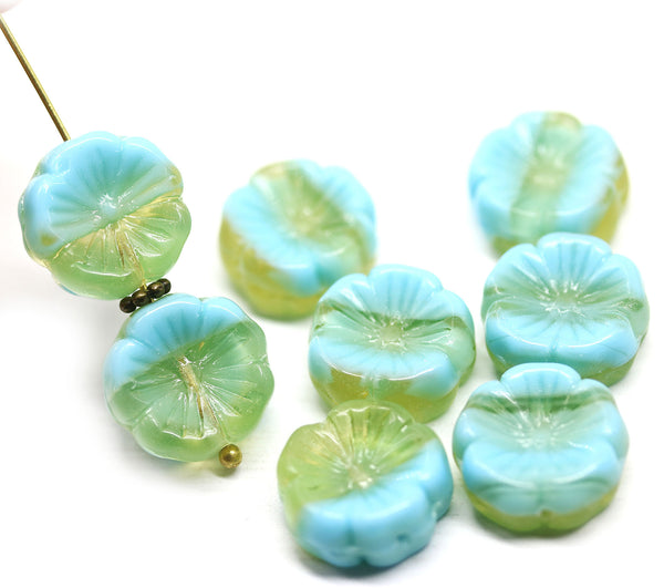 14mm Mixed blue yellow pansy flower, Czech glass flat daisy, 8Pc