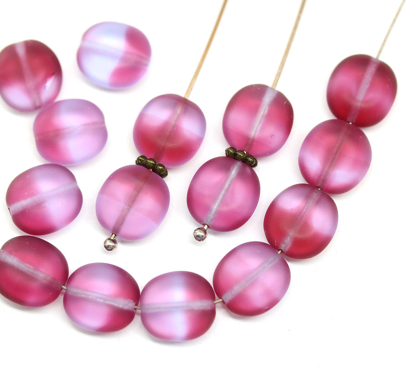 10x9mm Frosted pink flat oval czech glass beads, 15Pc