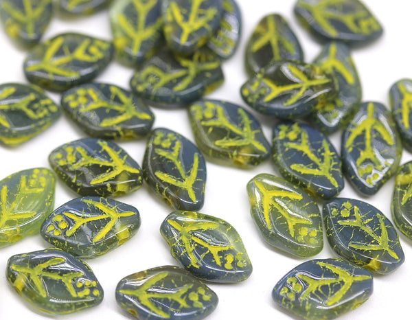 12x7mm Mixed gray leaf beads yellow wash Czech glass, 30Pc