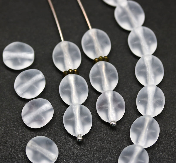 9x8mm Frosted clear flat oval wavy czech glass beads, 20Pc