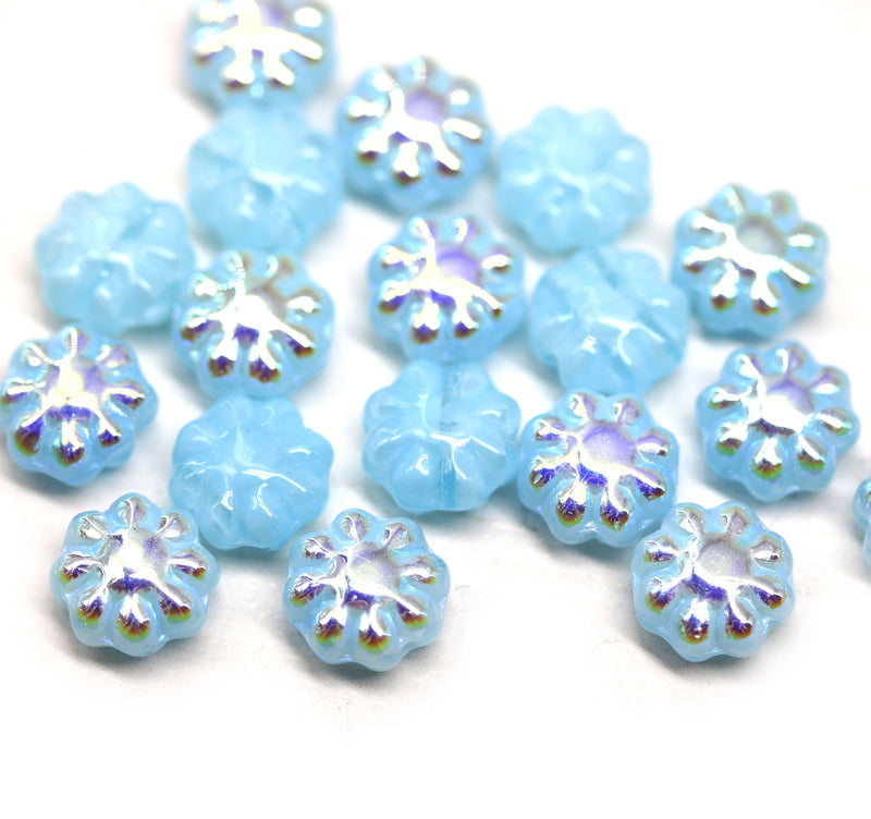 9mm Blue Czech glass daisy flower beads with luster, 20pc
