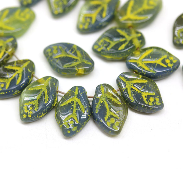 12x7mm Mixed gray leaf beads yellow wash Czech glass, 30Pc