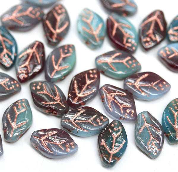 12x7mm Blue dark red leaf beads copper wash Czech glass, 30Pc