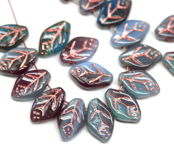 12x7mm Blue dark red leaf beads copper wash Czech glass, 30Pc