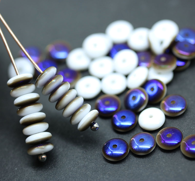 6mm White czech glass rondelle spacer beads, Dark blue luster, 50pc
