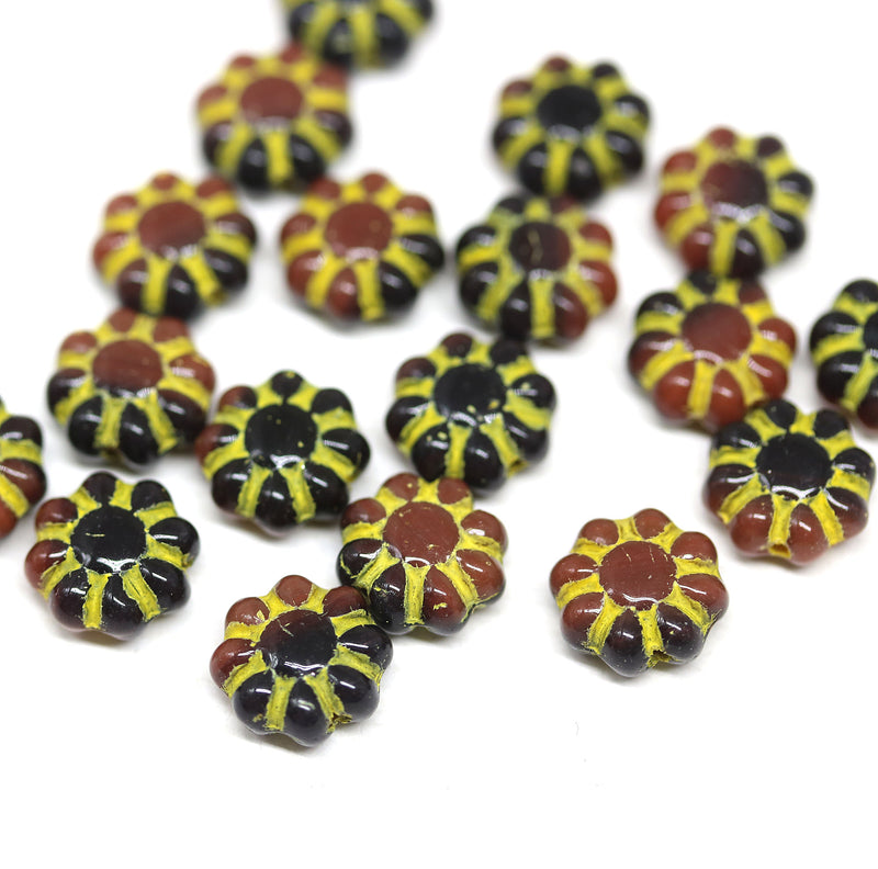 9mm Black brown Czech glass daisy flower beads yellow inlays 20pc