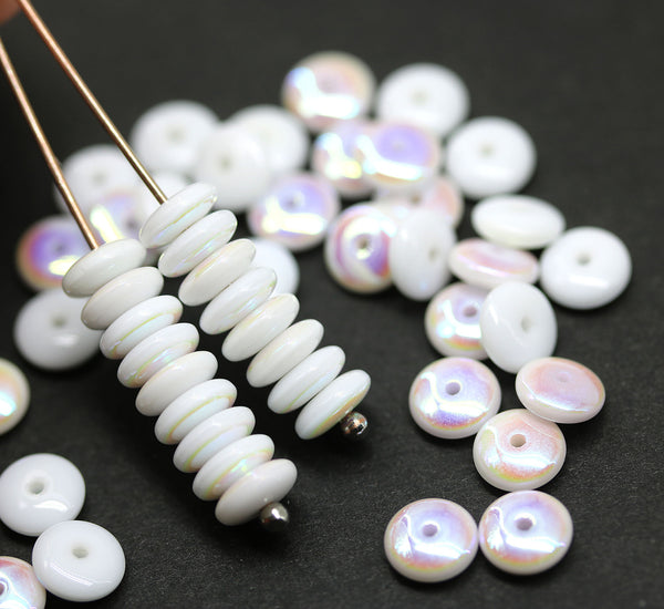 6mm White czech glass rondelle spacer beads, AB finsih, 50pc