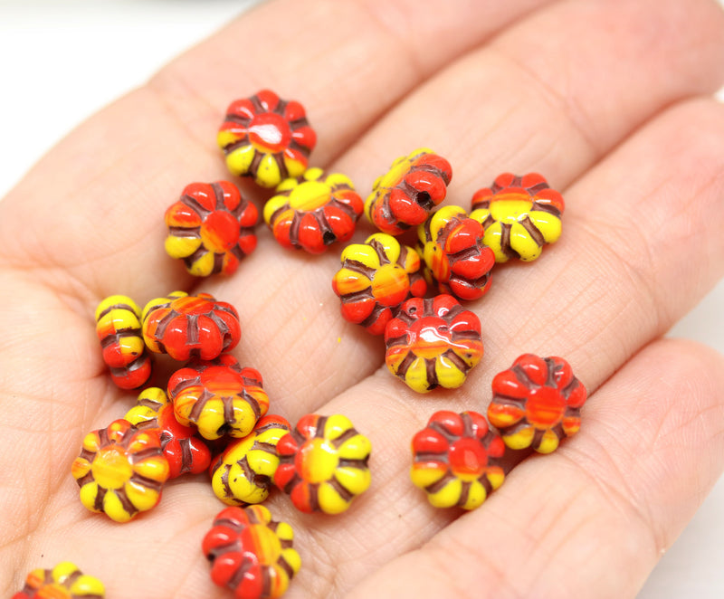 9mm Red yellow Czech glass daisy flower beads brown inlays 20pc