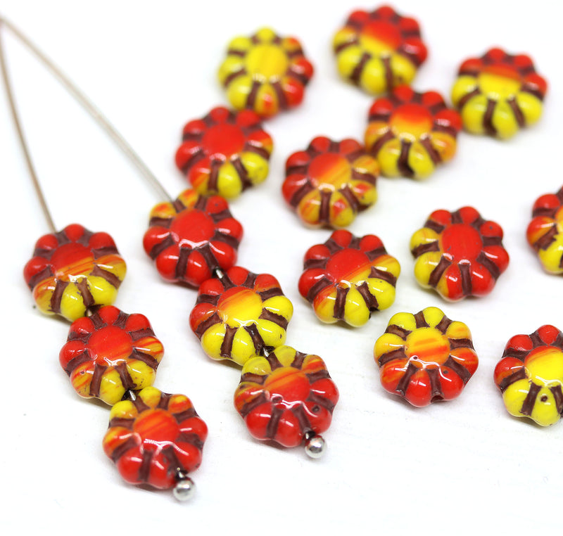 9mm Red yellow Czech glass daisy flower beads brown inlays 20pc