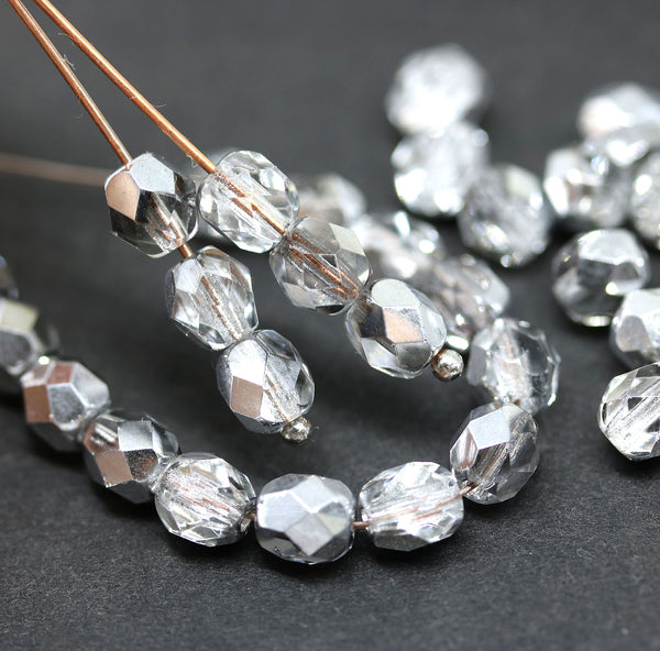6mm Crystal clear silver coating fire polished round czech glass beads, 30Pc