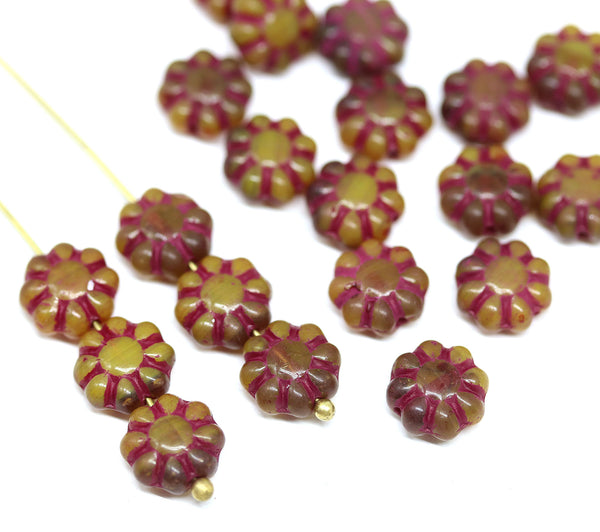 9mm Dark yellow Czech glass daisy flower beads 20pc
